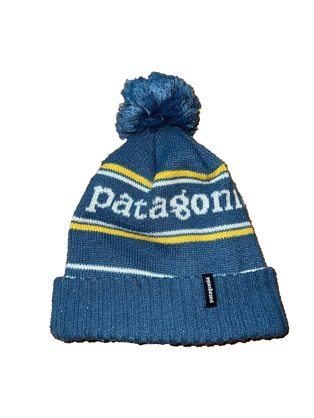 Patagonia Powder Town Beanie Kids OS Blue Striped Pom Pom Logo Knit Hat A010948